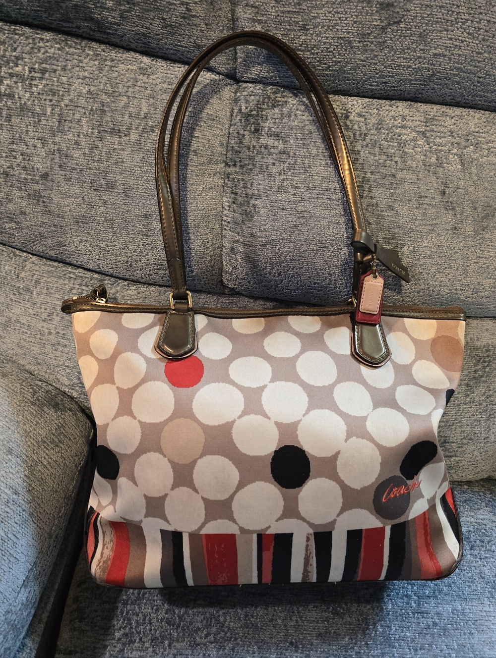 Coach Poppy Polka Dot Canvas Tote Bag with Leather Trim - Red, Black, Cream EUC